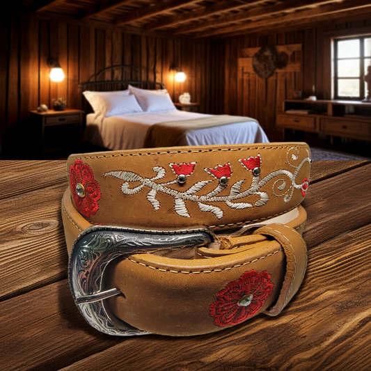 Cinturón de cuero bordado para mujer