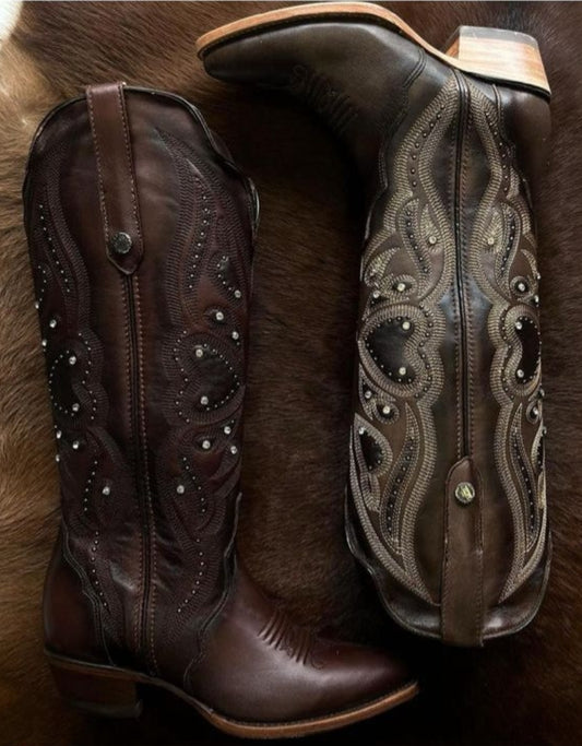 Bota vaquera para mujer, alta, de vestir, de piel flor