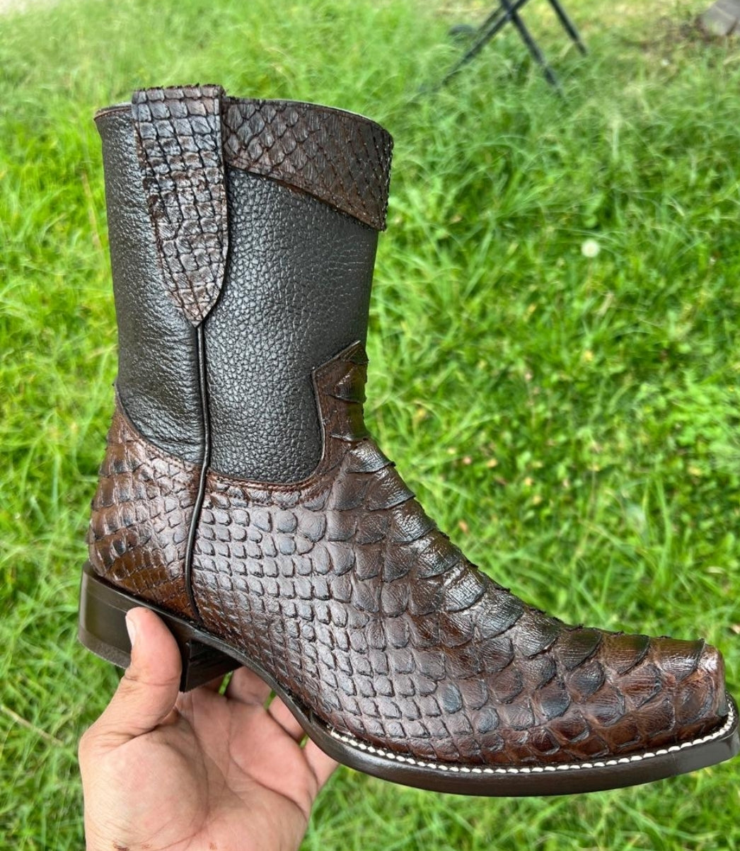 Men's Leather Rider Dress Boots, Python Clone, Lives Squared Toe, Zip Side, Leather Sole, Leather Liner, Leather Pull Straps, Rubber Heel