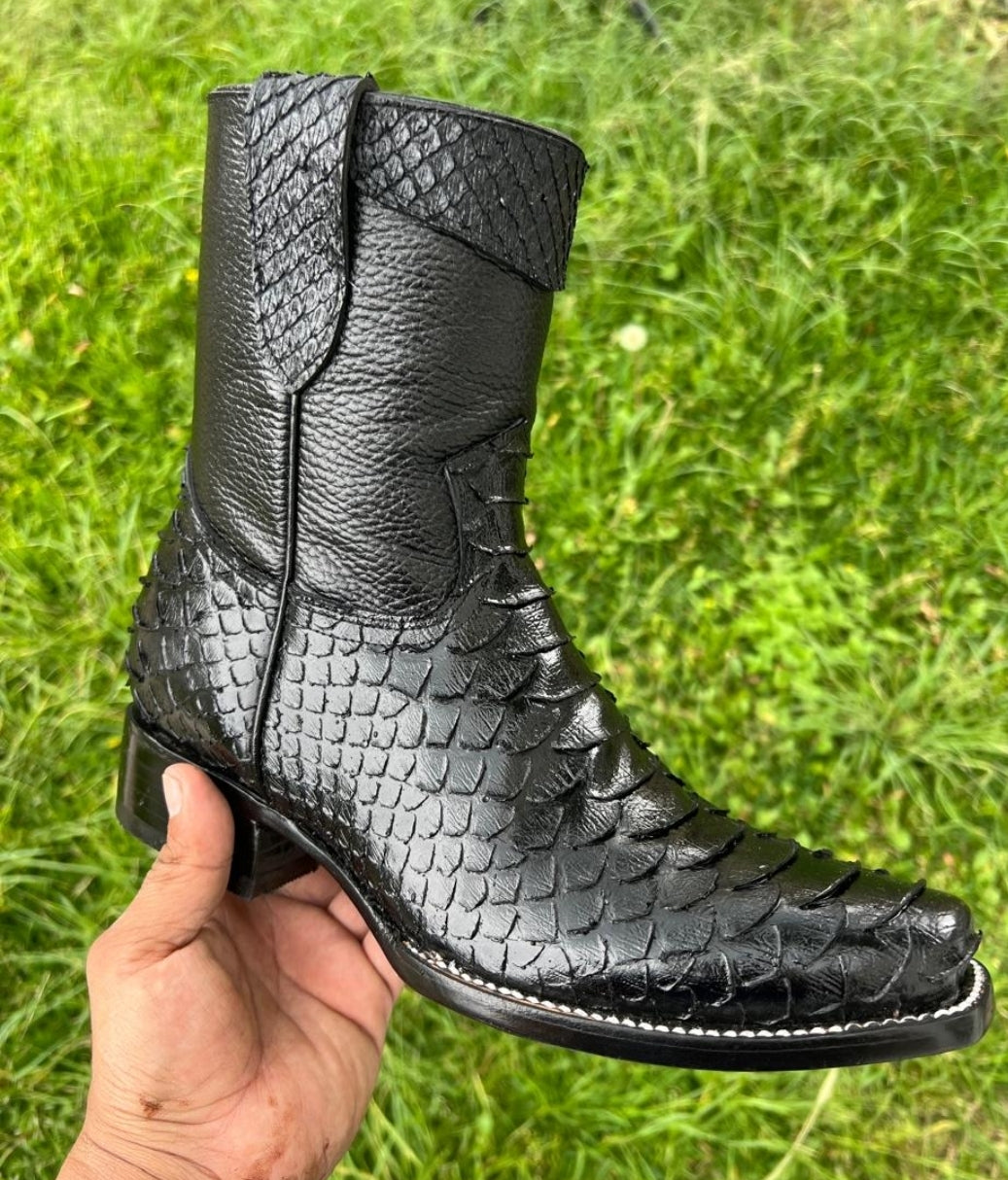 Men's Leather Rider Dress Boots, Python Clone, Lives Squared Toe, Zip Side, Leather Sole, Leather Liner, Leather Pull Straps, Rubber Heel