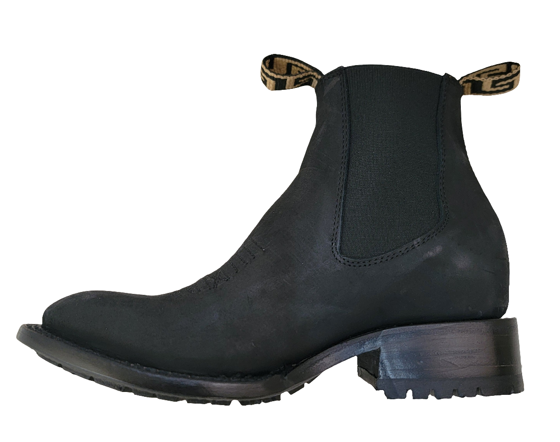 Women's Black Chelsea Boot, Nubuck Leather, Squared French Toe, Lugged Leather Sole