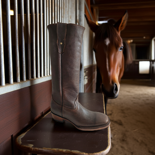 Bota de montar de piel marrón para mujer, punta cuadrada, tacón cubano y cremallera lateral.