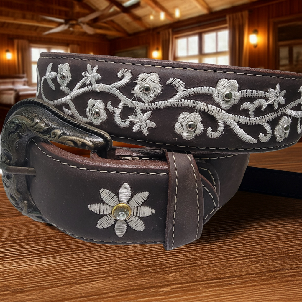 Cinturón de cuero bordado para mujer