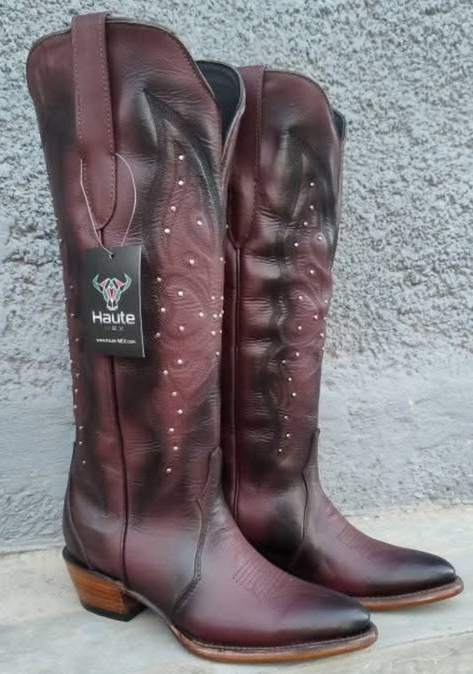 Bota vaquera para mujer, alta, de vestir, de piel flor