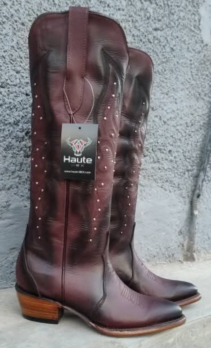 Bota vaquera para mujer, alta, de vestir, de piel flor