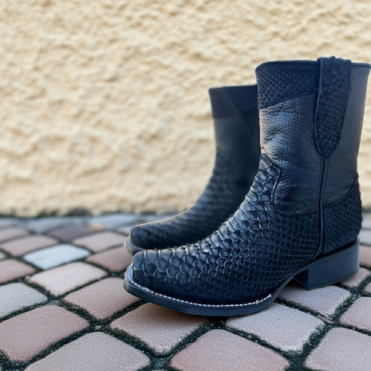 Botas de vestir de cuero para hombre, clon de pitón, punta cuadrada Lives, cierre lateral con cremallera