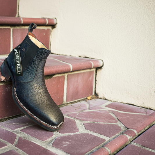 Bota Chelsea de piel flor con punta cuadrada estilo western para hombre